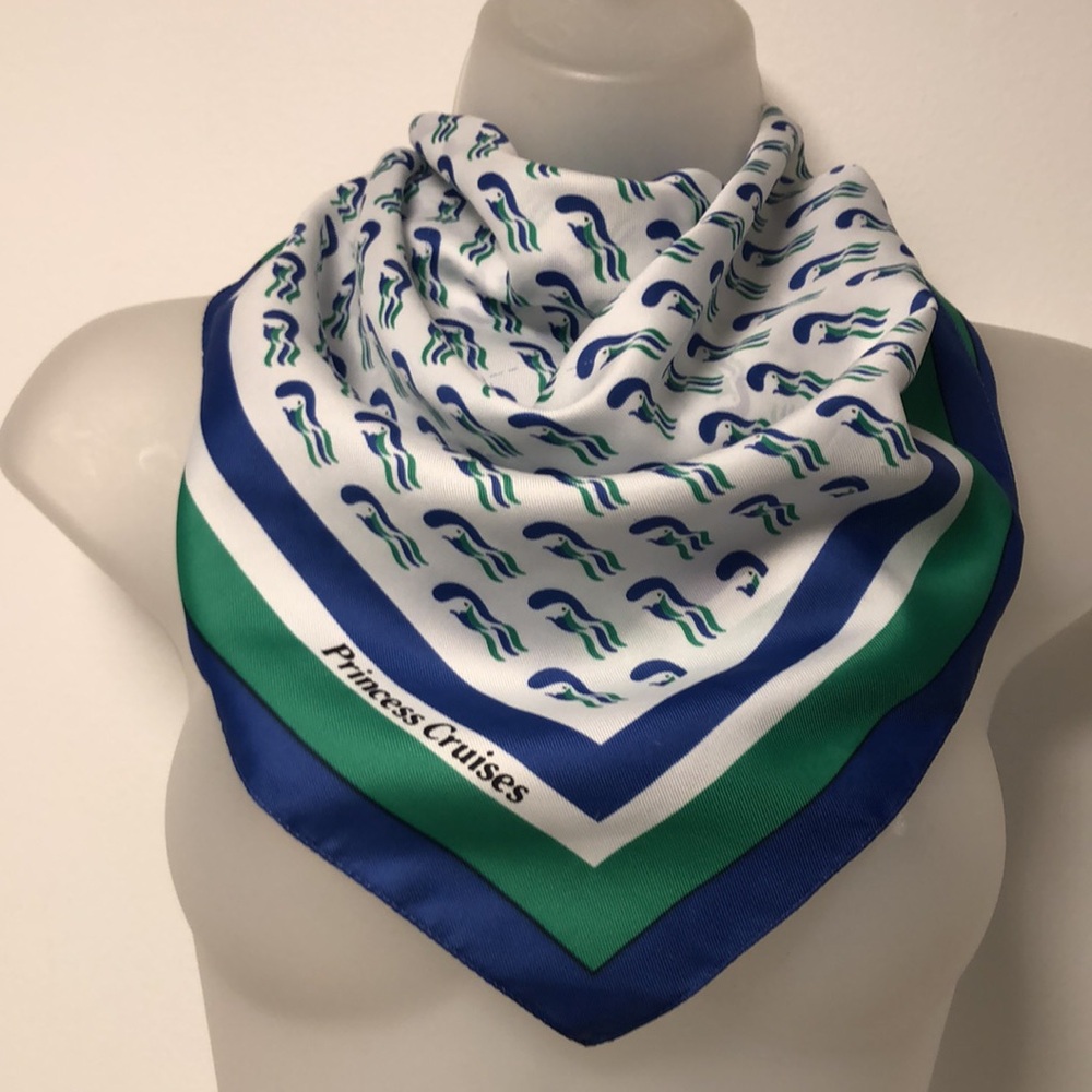 Vintage Blue, Green, White Princess Cruise Line Square Mod Print Fashion Scarf